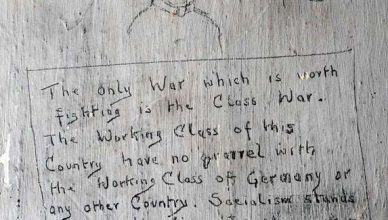 Graffiti from imprisioned First World War conscientious objector held in the cell block at Richmond Castle.