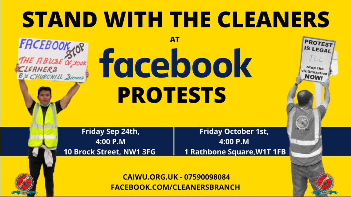CAIWU Facebook cleaners London protests 24/9 and 1/10