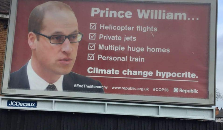 Poster by Republic UK about Prince William's climate hypocrisy